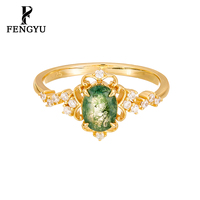 Bague ovale de luxe en or 14 carats avec agate mousse, en argent sterling 925, bagues de mode avec pierres précieuses pour femmes, bijoux fins personnalisés de créateur, vente en gros