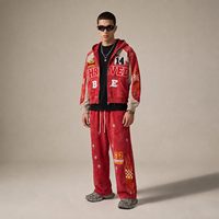 Ensemble de survêtement vintage pour homme avec logo personnalisé, effet délavé, sweat à capuche zippé, pantalon de survêtement large, broderie de patchs, streetwear, ensemble deux pièces