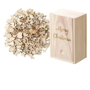 300 buah selesai Mini ornamen kayu Natal Diy Mini potongan kayu dengan kotak penyimpanan untuk kerajinan