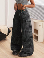 Jeans Cargo Ample Femme Sur Mesure, Poche à Rabat, Coupe Décontractée, Jambe Droite Large, Mode Y2K