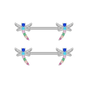 5Pair/Set Color Zircon Dragonfly Nipple Rings Stainless Steel Industrial Barbell Personalized Body Piercing Jewelry Wholesale