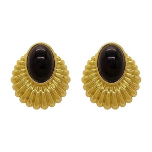 French Retro Geometric High-end <b>Black</b> Oval-shaped Women's <b>Gold</b> Plated Stud <b>Earrings</b> Elegant Temperament Silver Needle Party - Product Image 4