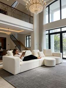 Sofá Modular Curvo y Extendido, Tapizado en Lana de Cordero Texturizada, Color Blanco Crema, con Taburete a Juego, Suave y Acolchado, para Escuela o Parque - Product Image 3