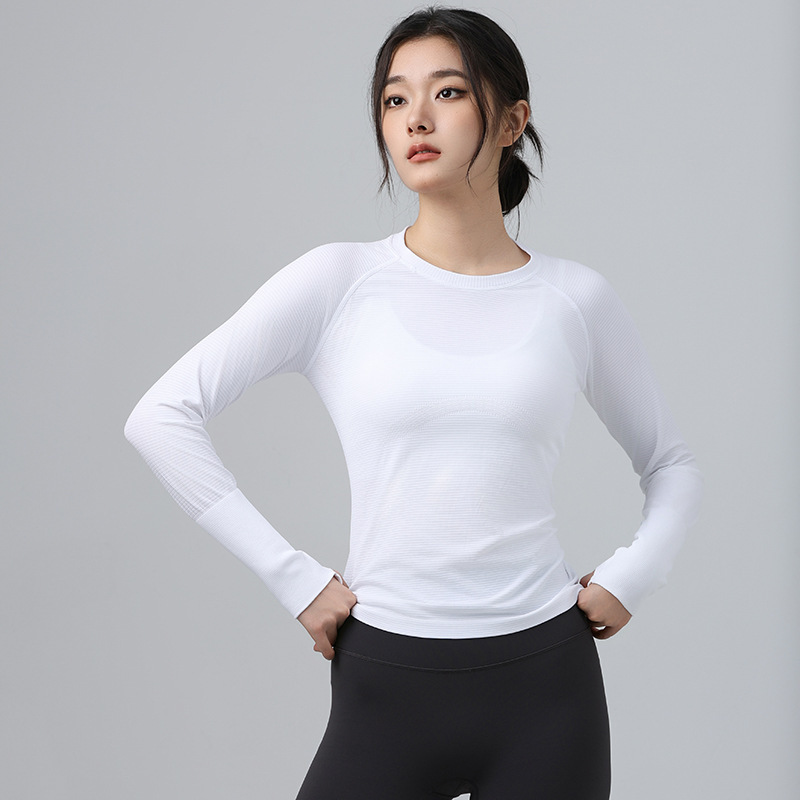 Wholesale Seamless Fitness Top Long Sleeved Elastic Knitted Sports Round Neck Yoga T-shirt