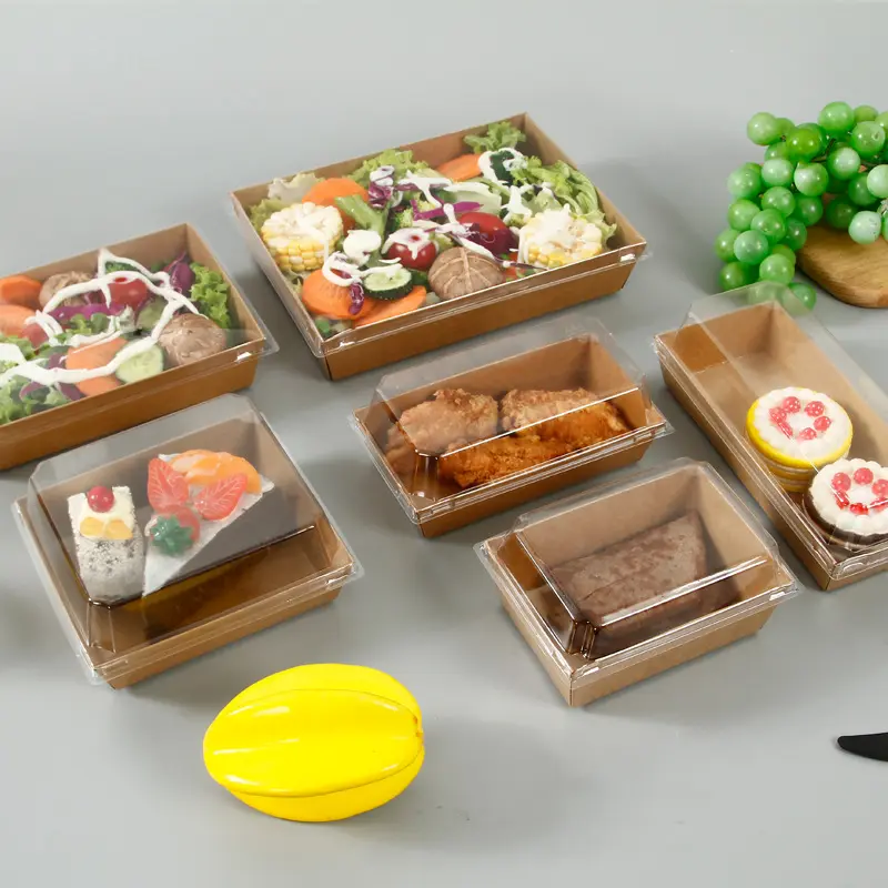 Custom Logo Voedselverpakkingen Saladebox Restaurant Gerecycled Bruin Kraftpapier Lunchboxen Met Deksel
