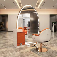 Station de Coiffage à Miroir en Acier Inoxydable avec Éclairage LED, Style Ovale Tendance pour Salon de Beauté