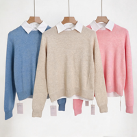 Pull en laine mérinos surdimensionné de haute qualité, col blanc, col rond, deux-en-un, couleur hêtre, pour femme, manches longues