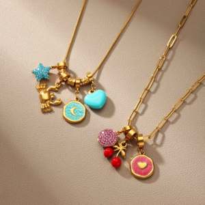 שרשרת אופנתית אישית עשויה פלדת אל-חלד עמידה במים עם תליונים מתחלפים, תליון רב-סגנוני, אמייל, אבני חן, תכשיט לנשים - Product Image 1