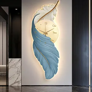Moderno Luxo Pena Wall Art Com Luzes Led Acrílico Impressão Uv Idéias Lâmpada Mural Luminosa Led Luz Pintura Com Relógio