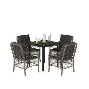 Set da Pranzo da Giardino con Tavolo e Sedie in Rattan Grigio, Cuscini Grigio Scuro Inclusi, Arredamento da Esterno per 4 Persone, Stile Contemporaneo - Product Image 1