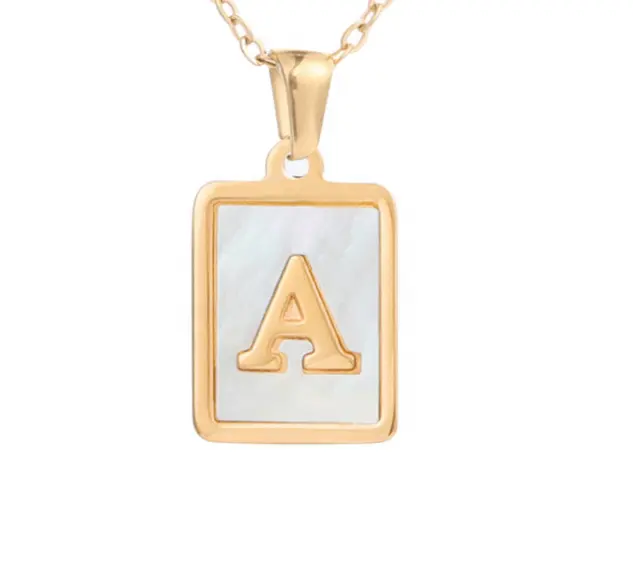 Stainless Steel Metal A~Z 26 English Letters Gold Color Plated Shell Pendant Necklace Square Shape Letter Charm
