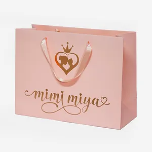 Custom Printing Gold Foil Private Logo Take Away Cardboard Paper Bag With Ribbon Handles For Packaging And Shopping