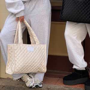 Custom Factory Cotton Quilted Beige Gingham Print Tote with Customized Luxury Beige Terry Inner Lining Soft Oversize Tote Bag - Product Image 2