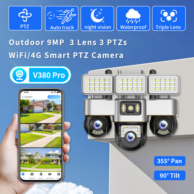 V380 Three-Lens Three-Rotating PTZ Camera Wireless WiFi 9MP Two-Way Audio IP66 Waterproof Night Vision Outdoor & Home Use Camera