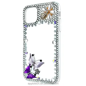 Iphone13 14 Pro Max奢华水晶宝石水钻手机壳紫色蝴蝶珠光钻石保护后盖外壳