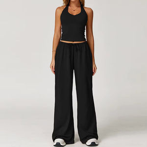 Conjunto de Yoga de 2 Piezas, Top Corto con Cuello en V, Pantalones Largos de Cintura Alta, Transpirables, de Spandex y Poliéster, Color Sólido, Sin Costuras, Elásticos - Product Image 2