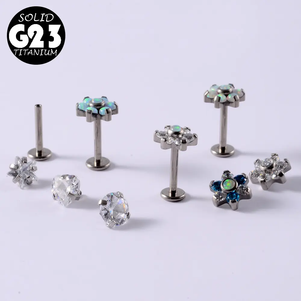 G23 Titanium zirkon kuku bibir Opal bunga hati lima bintang gigi dalam berbentuk T kuku tulang telinga perhiasan tindik Titanium murni