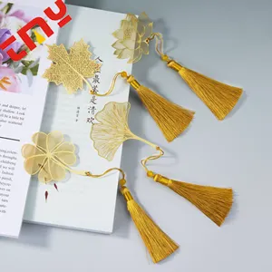 Promotion Gift Custom 24k Gold Metal Flower Bookmark With Bookmark Tassels Hollow Out Design