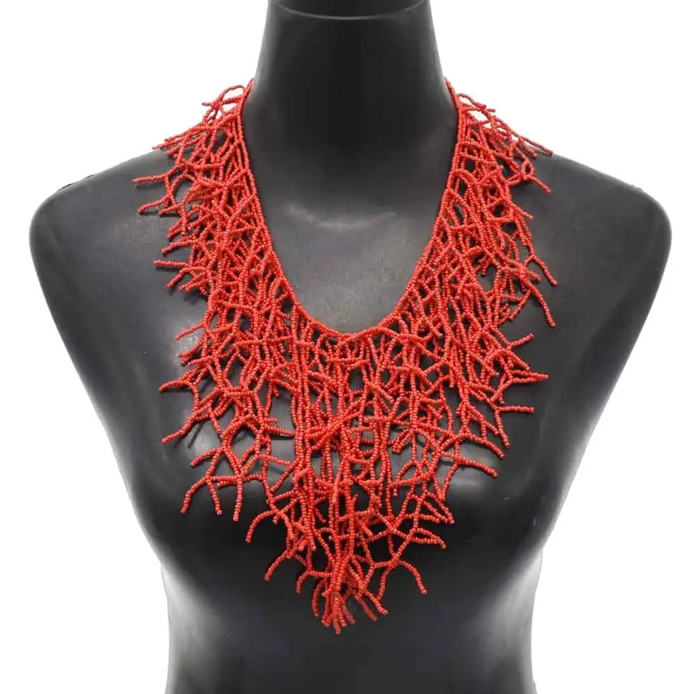 rice beads woven triple coral necklace personality exaggerated New vintage long necklace jewelry