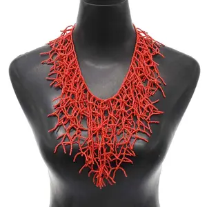 Collier triple corail tissé en perles de riz, bijou long vintage avec personnalité exagérée, nouvelle collection