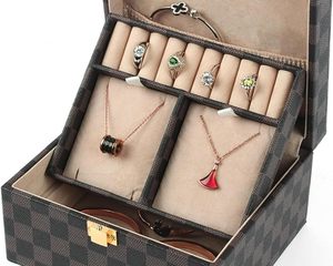 Caja de Joyería de Doble Capa con Diseño a Cuadros, Caja de Almacenamiento de Anillos, Aretes y Collares de Cuero PU, Estuche de Viaje de Gran Capacidad - Product Image 3