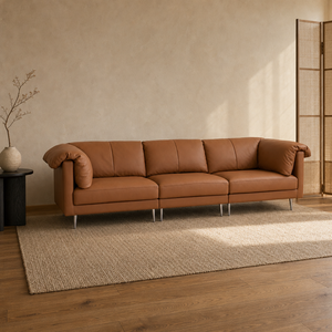 Canapé en cuir à accoudoirs roulés 3 places, coussin drapé, dossier segmenté, pieds évasés fins, moderne, pour salon, hôtel, villa, chambre - Product Image 3