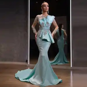 Vestidos de Noche de sirena con cuentas de satén azul para mujer, vestidos elegantes de lujo de manga larga para fiesta, 2022