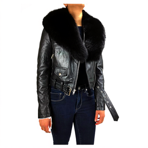 Veste en cuir véritable de moto décontractée pour femmes avec col en peau de mouton FOX fourrure amovible motif solide style motard OEM disponible - Product Image 1