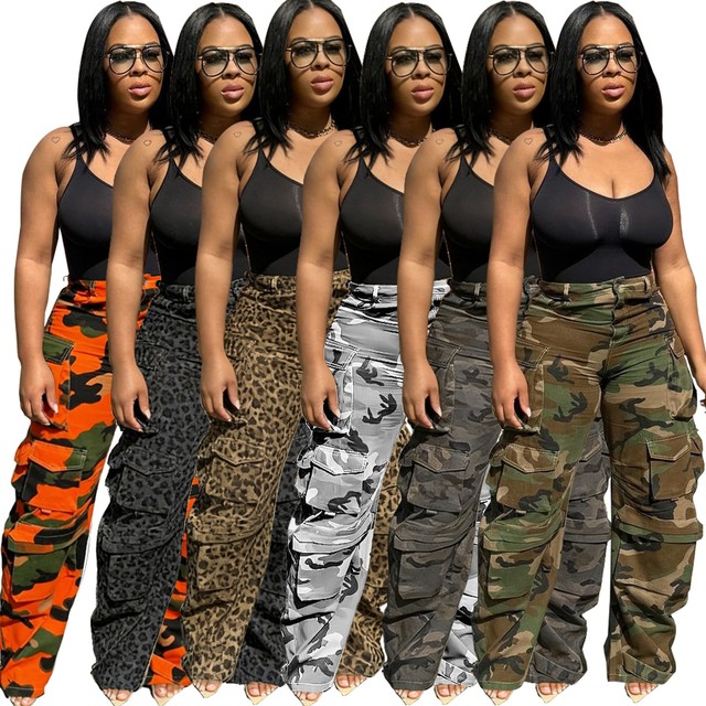 Fashion New Streetwear Women'S Sport Casual Pants Straight Trousers Girls Pocket Camo Camuflague Cargo Pants