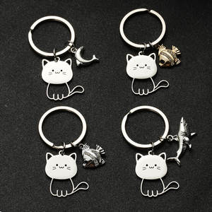 مبيعات المصنع مباشرة بسيطة الفولاذ المقاوم للصدأ الكرتون القط الإبداعية المفاتيح لطيف القط والأسماك زوجين قلادة - Product Image 1