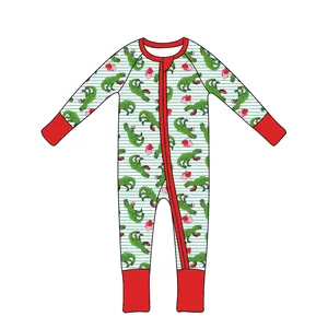 Personalizado niños dinosaurio estampado bambú ropa cremallera ropa de dormir San Valentín niño y niñas pijamas mameluco bambú bebé Onesie