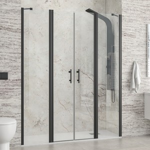 Kamalu KPX7000N 180cm nero incorniciato porta doccia doppie porte incernierate pannelli fissi telaio in acciaio inox 6mm vetro ottone scorrevole - Product Image 1