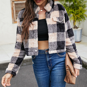 Autunno nuovo cappotto scozzese in pelliccia sintetica camicia con tasche giacca corta pelosa capispalla per <span class=keywords><strong>donna</strong></span> - Product Image 5