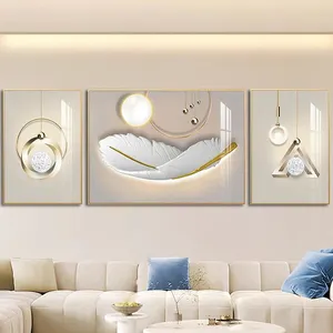 3pcs Light Luxury Feather Canvas Painting Abstract Feng Shui Geometry Gold Deer Posters Prints for Living Room Wall Decor