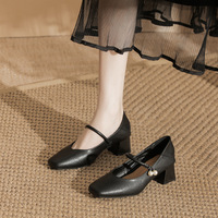Escarpins Mary Jane à talon épais et bout carré, avec bride à boucle unie, style féerique, en cuir véritable abricot, talon moyen, pour femme 2025
