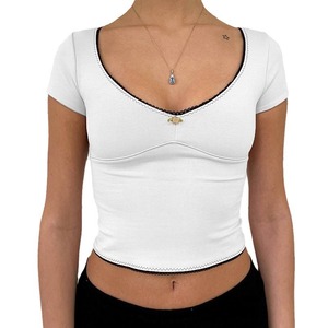 HANO 2024 nuovo prodotto scollo a V scollato dimagrante t-shirt da donna tinta unita Basic Hot Girl <span class=keywords><strong>Top</strong></span> All-match - Product Image 5