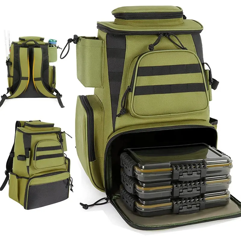 Outdoor fishing backpack Fishing tackle box Tray with rod holder Waterproof large storage tackle bag