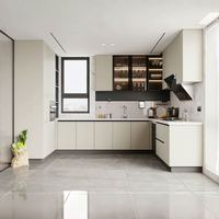 Ensemble d'armoires de cuisine modulaires de luxe en stratifié PVC sur mesure, avec comptoir en pierre de quartz, design moderne, par Millwork Pantry Joinery