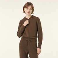 Ensemble de survêtement en cachemire marron pour femme, personnalisé ODM/OEM, avec sweat à capuche zippé et pantalon, vente en gros