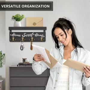 Home Sweet Home Wall Key Rack With <b>Shelf</b> Multi Functional Storage Organizer For Entryway Bedroom Coat <b>Hooks</b> Brown Black White - Product Image 5