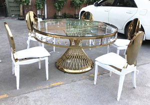 <strong>Glass</strong> Crystal Top Gold Metal Stainless Steel Round Dinner Luxury Wedding Banquet <strong>Table</strong> for 10 Chairs Events - Product Image 2
