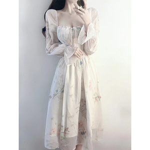 Simani Floral Chiffon Tea Party Dress Square Neck Long Sleeve A-Line Empire Waistline Women's Cocktail Dress - Product Image 4