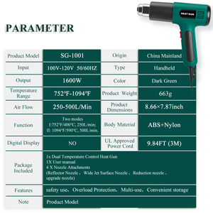 Súng sưởi SG-1001 2000W/1800W súng hơi nóng điện có điều khiển nhiệt độ điều chỉnh vô hạn tùy chỉnh - Product Image 6