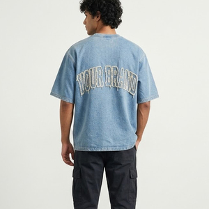 T-shirt col en V personnalisé délavé à l'acide, coupe oversize en coton, broderie vintage usée, style streetwear, vente en gros OEM - Product Image 4