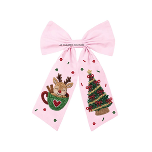 Noeud de cheveux brodé de Noël avec motif gnome et renne, ruban blanc, fait main, accessoire pour femme, pinces à cheveux, nœud perlé - Product Image 4