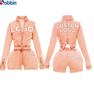 Conjuntos Deportivos Cortos de Verano Estilo Hip Hop para Mujer, 2 Piezas, Chaqueta con Cremallera y Pantalones Cortos, 100% Algodón, Transpirable, de Secado Rápido, Ecológico, Mangas Largas - Product Image 4