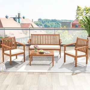 Modern Minimalist Teak <b>Garden</b> Bench and Armchairs 4 Piece Patio Wood Conversation Furniture <b>Set</b> - Product Image 1