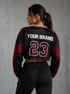 Maillot de football américain court à manches longues pour femme, color block, avec impression personnalisée de numéro et de logo, 100 % polyester, streetwear, vente en gros - Product Image 4