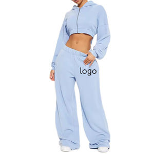 Ensemble de vêtements de détente d'hiver pour femmes grandes tailles : sweat à capuche et pantalon, haut court zippé à manches longues, pantalon large en molleton uni 100% coton, longueur genou - Product Image 1