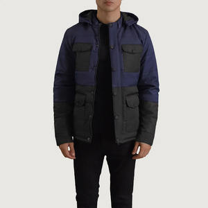 Veste matelassée multi-poches à blocs de couleur bleu foncé et gris, imperméable et coupe-vent, avec capuche, pour l'hiver, vente en gros, OEM - Product Image 1